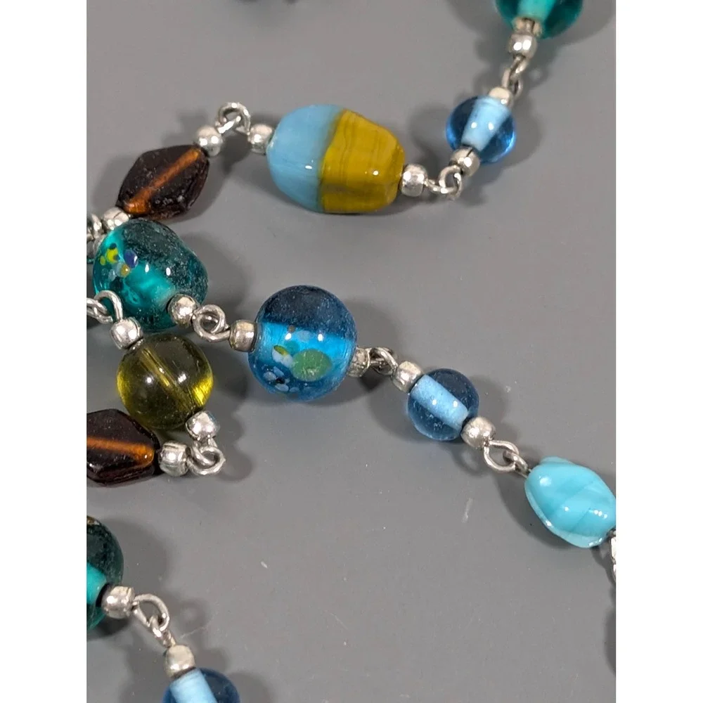 Long Glass Bead Necklace Blue Brown‎ Mixed Beads 40